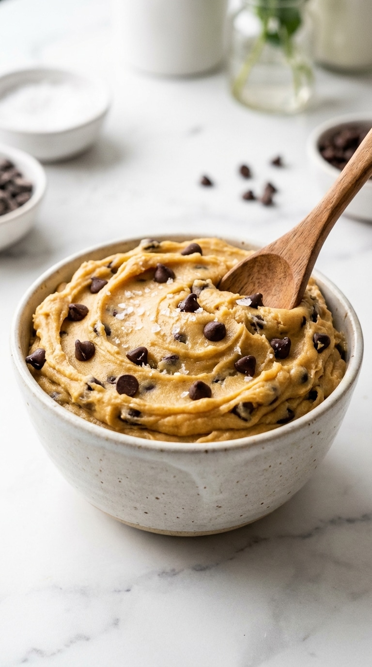 A flat lay showing a tub of cottage cheese, almond flour, protein powder, maple syrup, and chocolate chips on a wooden board.