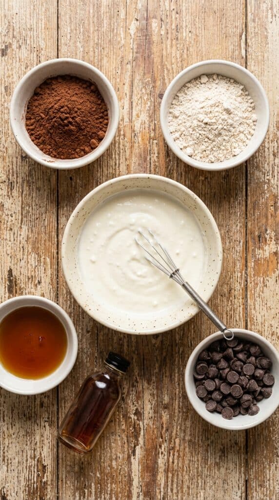 An overhead flat lay view of small bowls containing cocoa powder, blended cottage cheese, maple syrup, oat flour, and chocolate chips on a wooden counter.