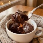 A close-up of a spoon lifting a scoop of warm, fudgy chocolate mug brownie, revealing a gooey interior and melted chocolate.