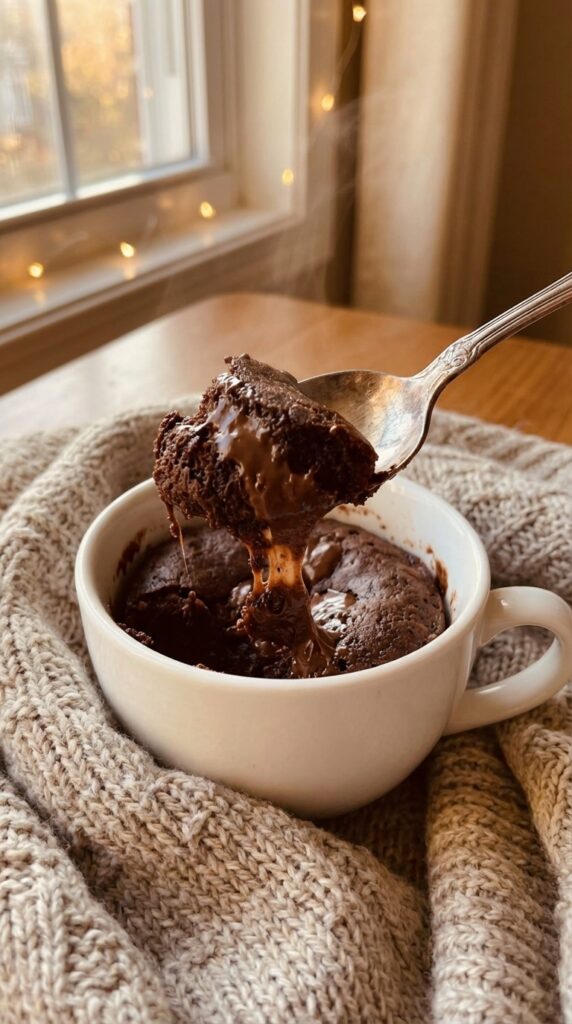 A close-up of a spoon lifting a scoop of warm, fudgy chocolate mug brownie, revealing a gooey interior and melted chocolate.