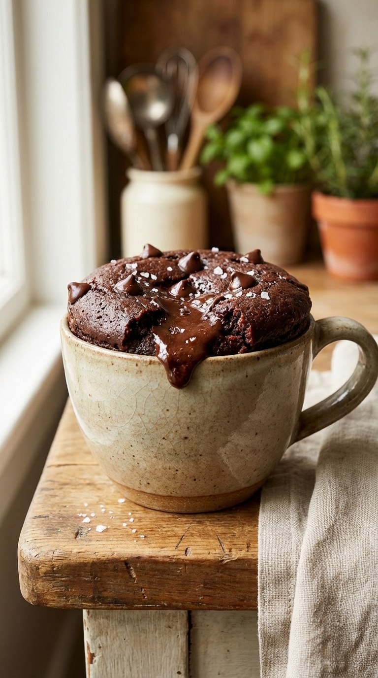 A close-up view of a chocolate mug brownie with melting chocolate chips, looking moist and fudgy in a ceramic mug.