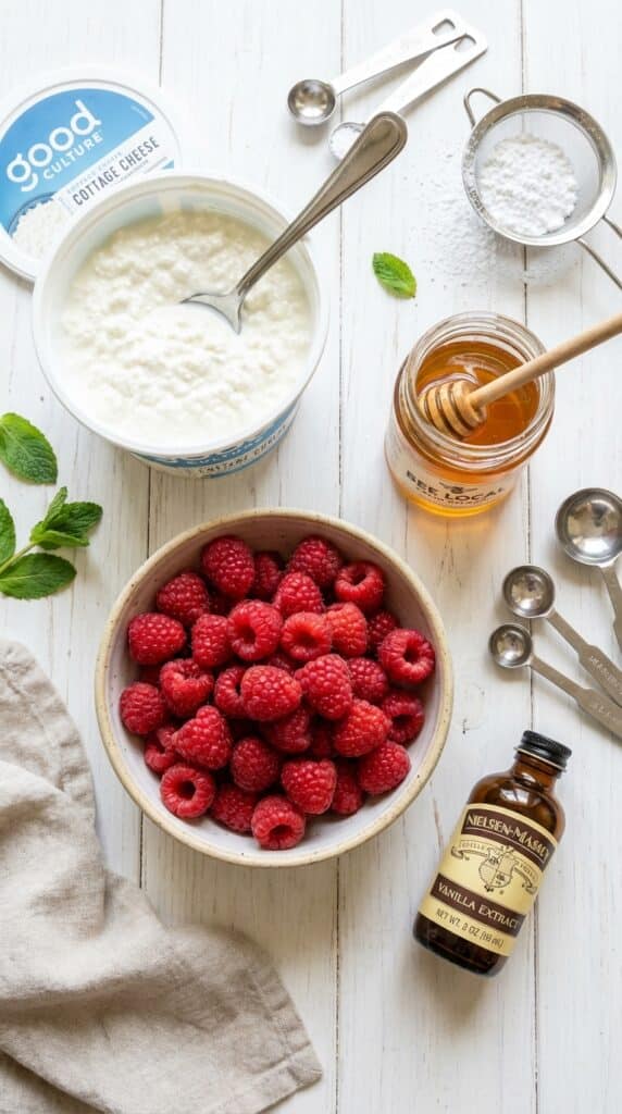 A flat lay showing a tub of cottage cheese, fresh raspberries, honey, and vanilla extract on a white wooden board.