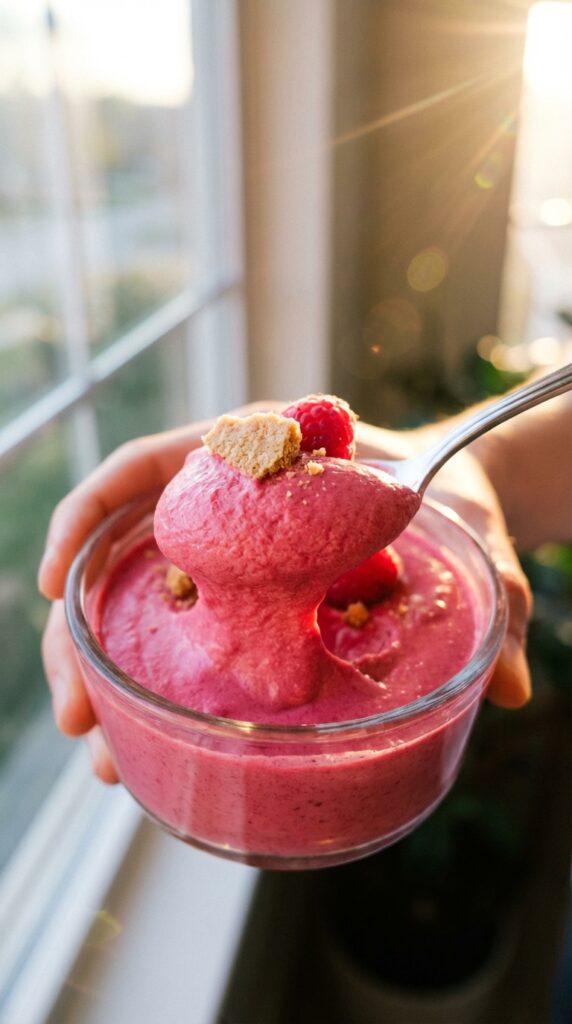 A close-up of a spoon lifting a thick, perfectly smooth scoop of pink raspberry mousse from a bowl.