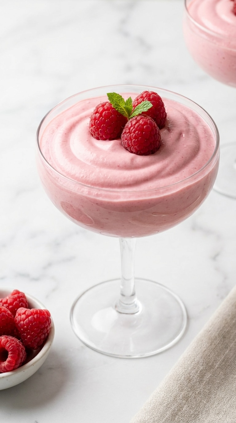 A glass cup filled with smooth, bright pink raspberry mousse, topped with fresh raspberries and a mint sprig on a marble counter.