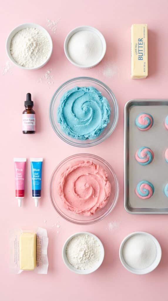 A flat lay showing bowls of pink and blue cookie dough, butter, flour, sugar, and food coloring on a pastel background.