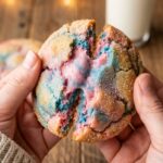 A close-up of hands pulling apart a soft pink and blue marbled cookie, revealing a chewy center.