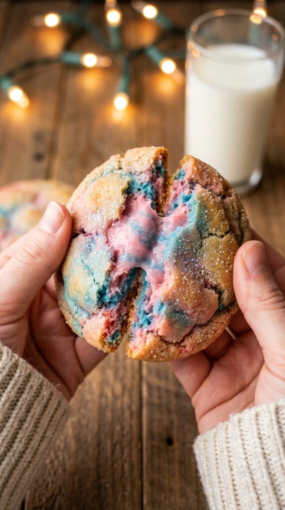 A close-up of hands pulling apart a soft pink and blue marbled cookie, revealing a chewy center.