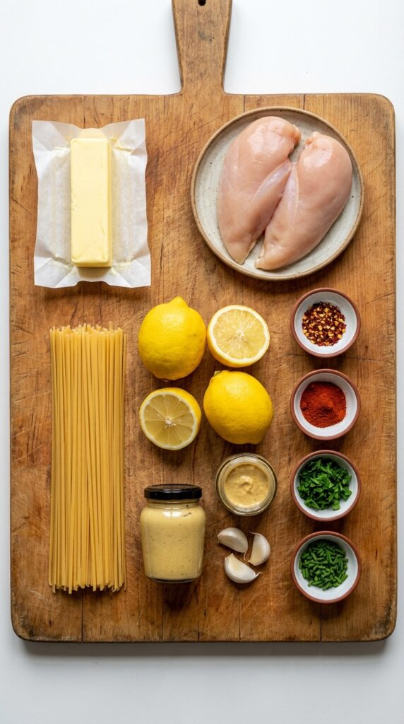 A flat lay showing dry linguine, raw chicken, butter, lemons, Dijon mustard, garlic, and fresh herbs on a wooden board.