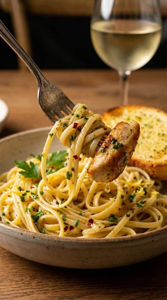 A close-up of a fork twirling glossy, herb-coated linguine and a piece of chicken from a bowl.
