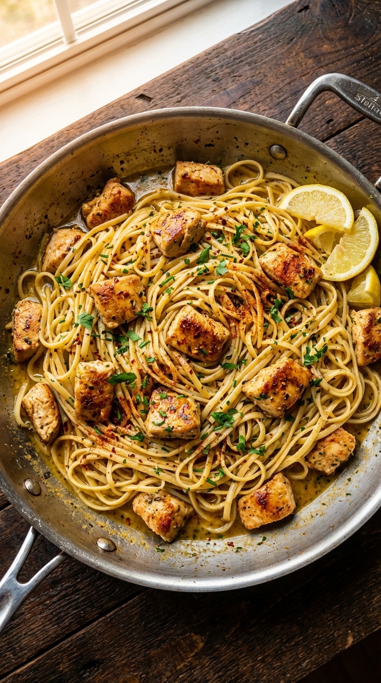 A top-down view of a skillet filled with linguine pasta and golden seared chicken coated in a glossy, herb-flecked butter sauce.