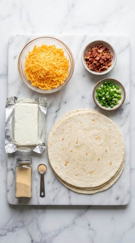A flat lay showing flour tortillas, cream cheese, shredded cheddar, bacon bits, and green onions on a marble board.
