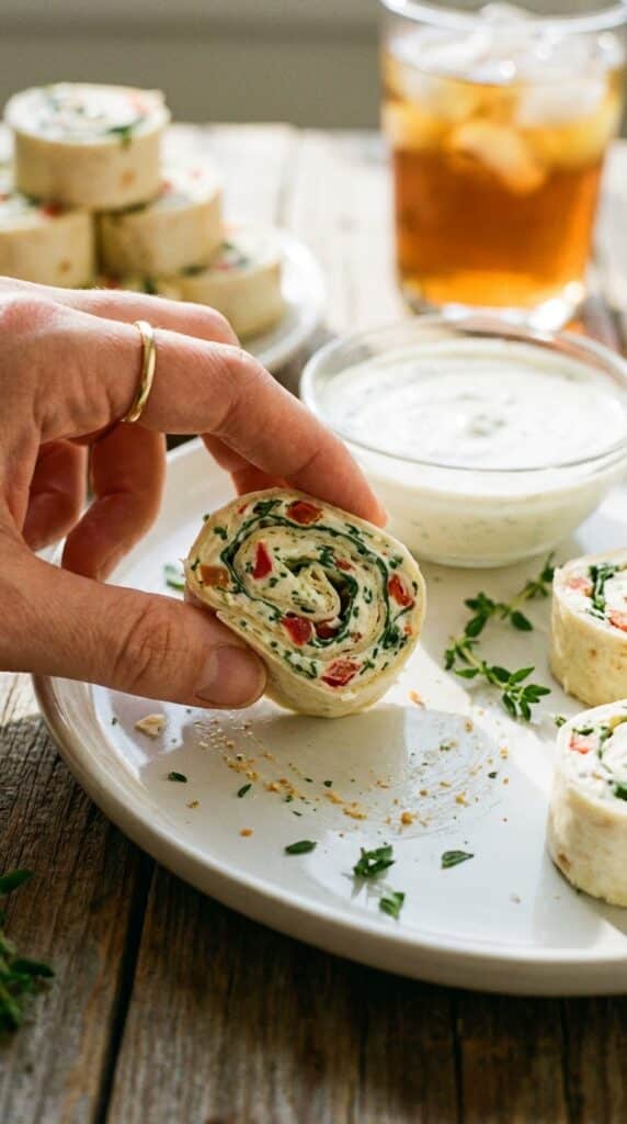 A close-up of a hand holding a single cream cheese and bacon tortilla bite, with ranch dip in the background.