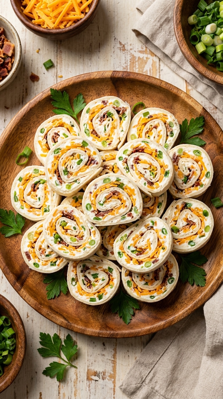 A top-down view of a wooden platter filled with spiral-cut tortilla bites filled with cream cheese, bacon, and cheddar.