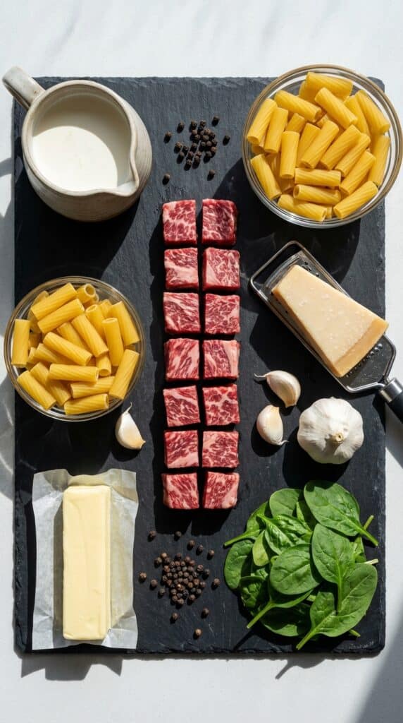 A flat lay showing cubed raw steak, dry rigatoni, heavy cream, parmesan cheese, garlic, butter, and spinach on a dark slate board.