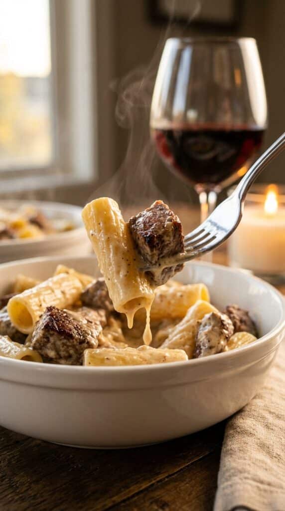 A close-up of a fork lifting a piece of rigatoni pasta and a seared steak bite, dripping with creamy parmesan sauce.