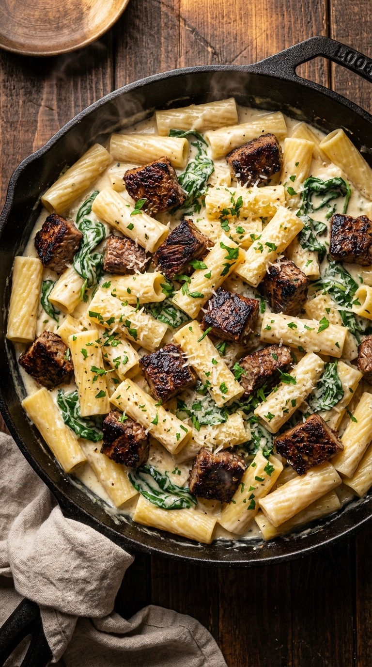 A top-down view of a cast-iron skillet filled with rigatoni pasta, seared steak bites, and spinach in a creamy parmesan sauce.