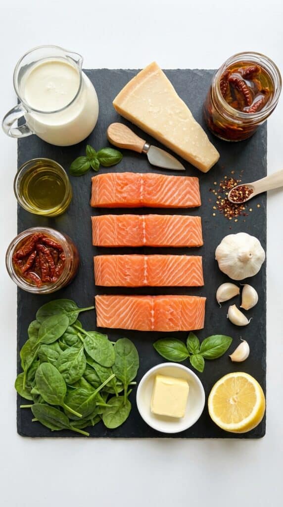A flat lay showing raw salmon fillets, heavy cream, parmesan, spinach, sun-dried tomatoes, garlic, and lemon on a dark slate background.