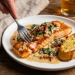 A close-up of a fork flaking a piece of creamy Tuscan salmon on a plate, with a piece of crusty bread soaking up the sauce.