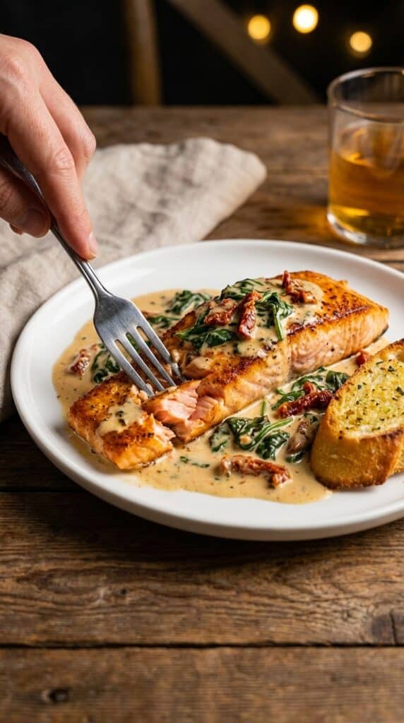 A close-up of a fork flaking a piece of creamy Tuscan salmon on a plate, with a piece of crusty bread soaking up the sauce.