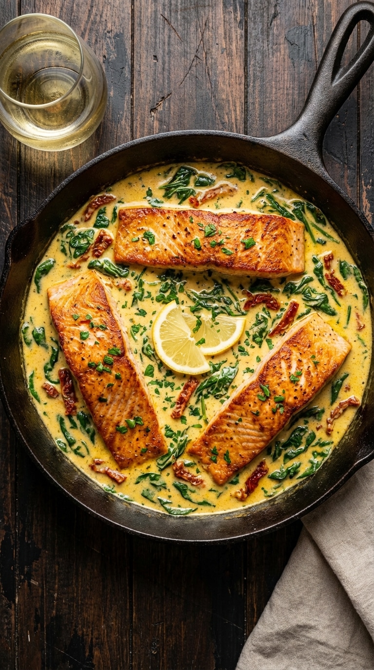 A top-down view of a cast iron skillet filled with pan-seared salmon fillets in a creamy garlic sauce with spinach and sun-dried tomatoes.