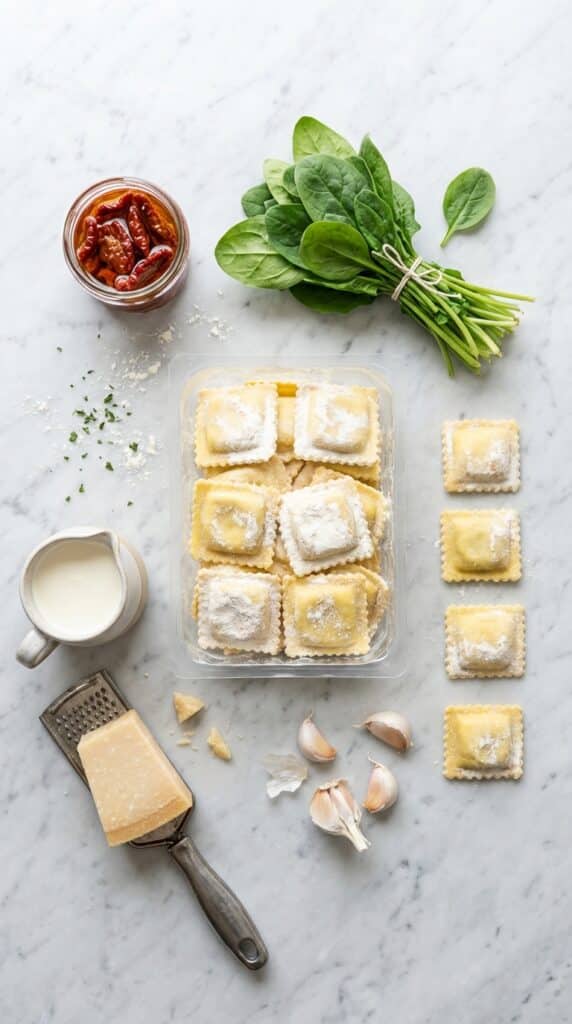 A flat lay showing fresh ravioli, sun-dried tomatoes, spinach, heavy cream, parmesan cheese, and garlic on a marble board.