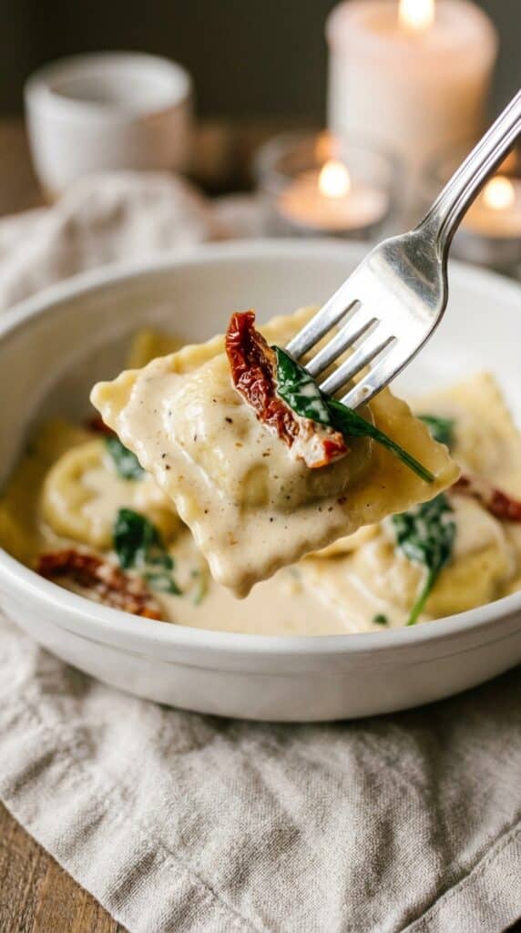 A close-up of a fork lifting a creamy ravioli with a sun-dried tomato and spinach from a bowl.