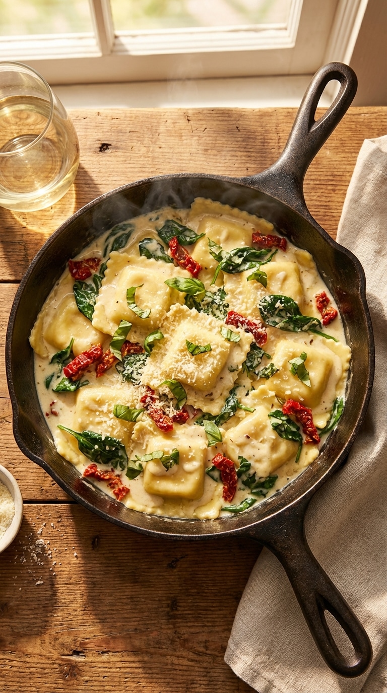 A top-down view of a skillet filled with cheese ravioli in a creamy garlic sauce with spinach and sun-dried tomatoes.