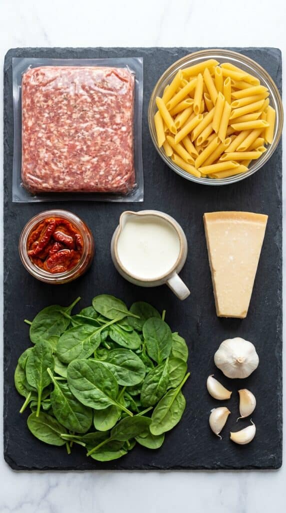 A flat lay showing raw Italian sausage, dry penne pasta, sun-dried tomatoes, heavy cream, parmesan, and fresh spinach on a slate board.
