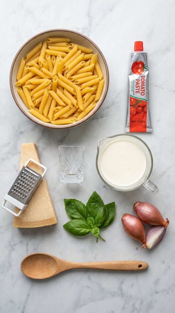 A flat lay showing dry penne, tomato paste, heavy cream, parmesan, basil, shallots, and a shot glass of vodka on a marble board.