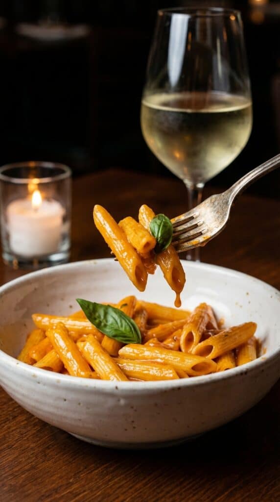 A close-up of a fork twirling a bite of creamy penne alla vodka from a bowl in a romantic setting.