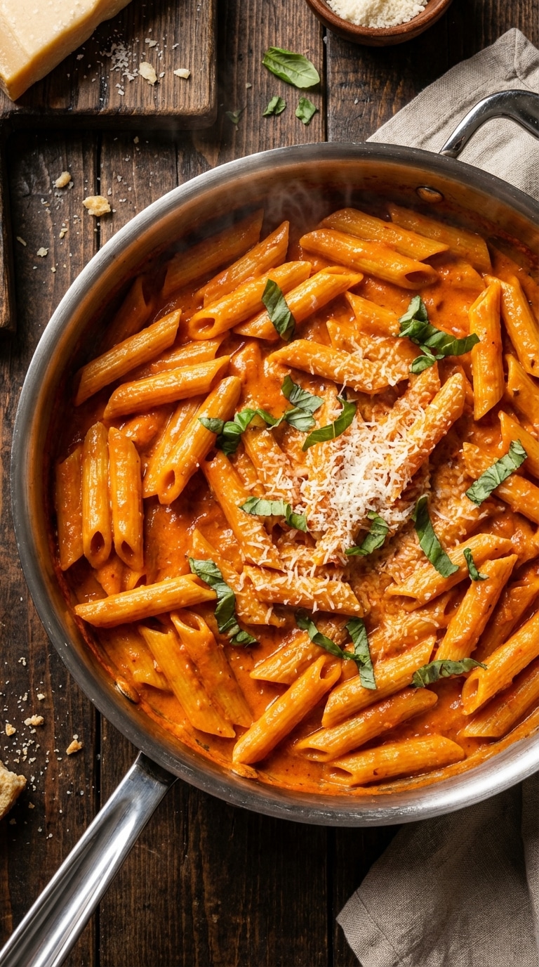 A top-down view of a skillet filled with penne pasta coated in a creamy orange vodka sauce, garnished with basil and parmesan.