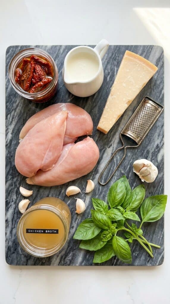 A flat lay showing raw chicken, heavy cream, parmesan, sun-dried tomatoes, garlic, and fresh basil on a dark marble board.