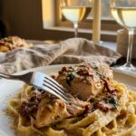 A close-up of a fork cutting into creamy sun-dried tomato chicken served over fettuccine pasta, with wine glasses and a candle in the background.