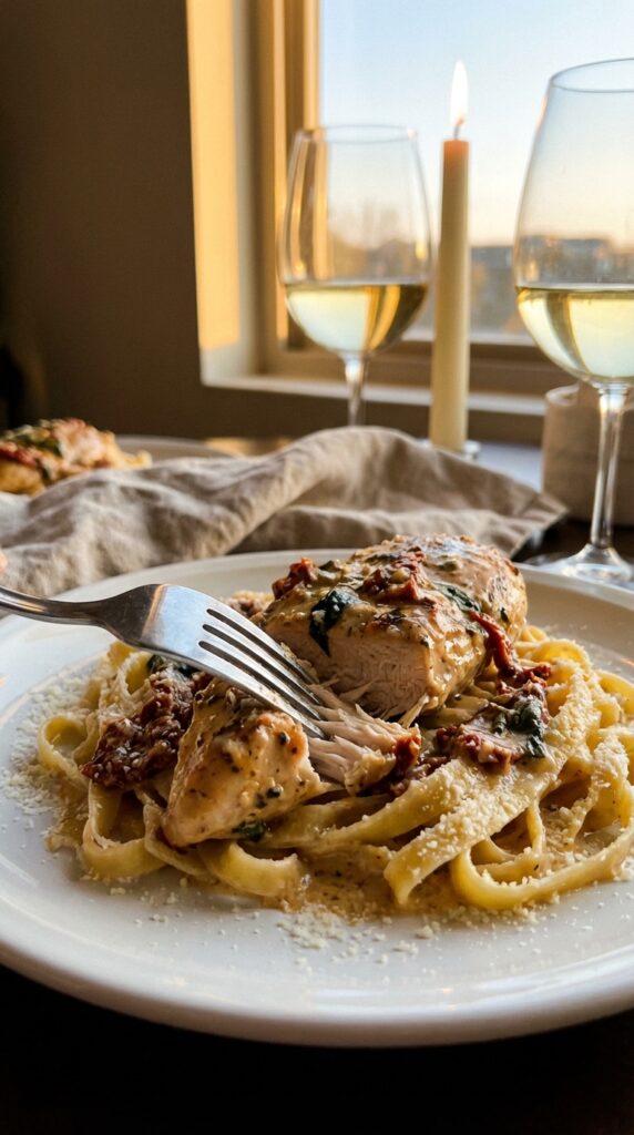 A close-up of a fork cutting into creamy sun-dried tomato chicken served over fettuccine pasta, with wine glasses and a candle in the background.