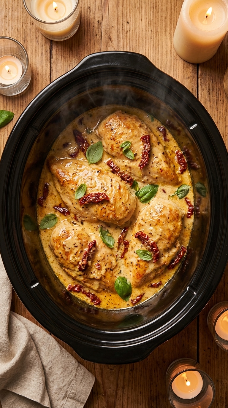 A top-down view inside a slow cooker filled with chicken breasts in a creamy sauce with sun-dried tomatoes and fresh basil.