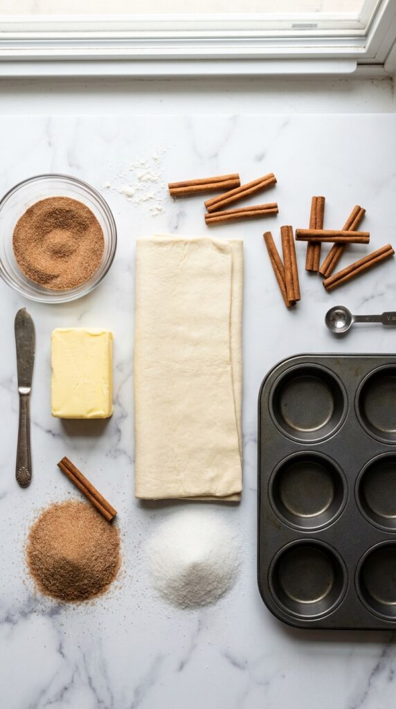 A flat lay showing puff pastry, butter, cinnamon sugar, cinnamon sticks, and a muffin tin on a marble board.
