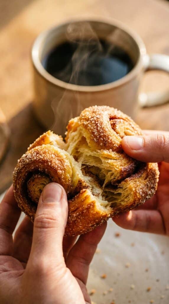 Hands pulling apart a warm cinnamon sugar cruffin, showing the soft, flaky, buttery layers inside with steam rising.
