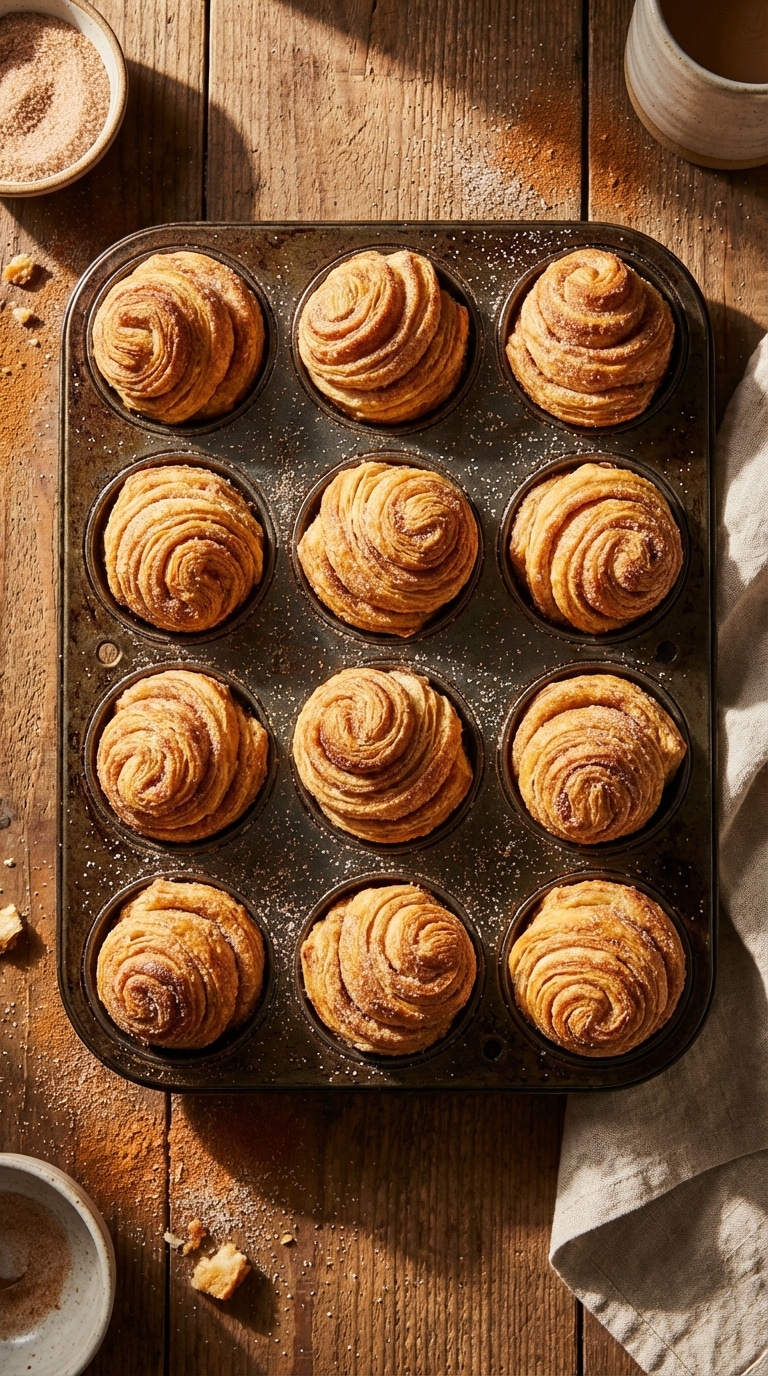 Freshly baked cinnamon sugar cruffins with tall flaky spiral layers sitting in a metal muffin tin on a wooden table.