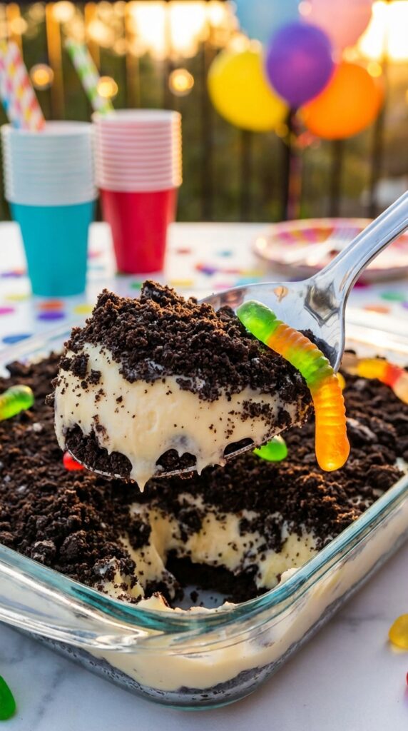 A close-up of a serving spoon lifting a scoop of dirt cake, revealing the creamy white filling underneath the chocolate cookie crumbs.