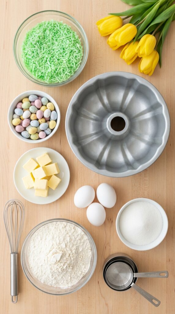 A flat lay showing a bundt pan, green coconut, pastel chocolate eggs, butter, flour, and tulips on a wooden table.