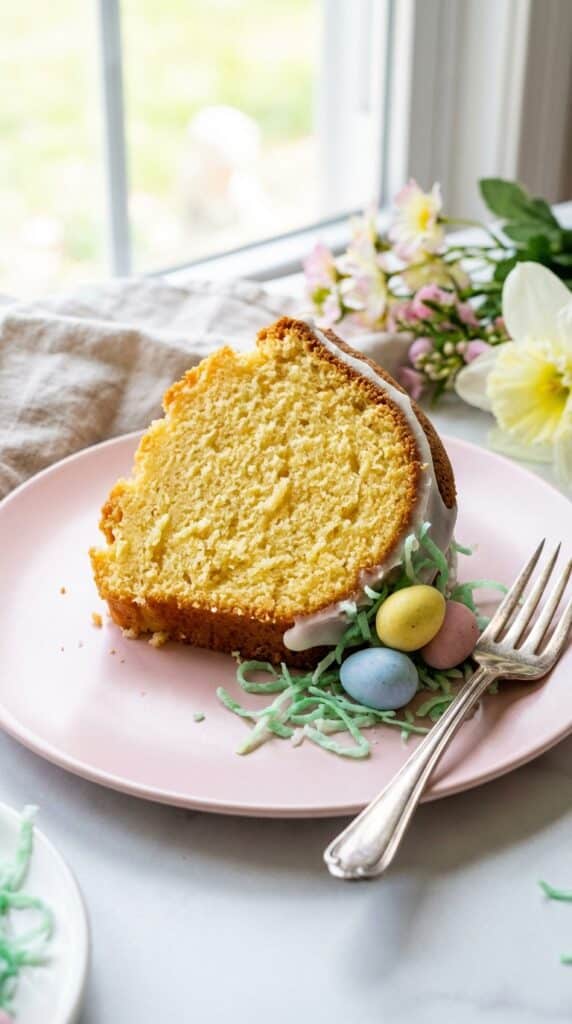 A close-up of a slice of vanilla bundt cake on a pink plate, with white glaze, green coconut, and pastel candy eggs next to it.