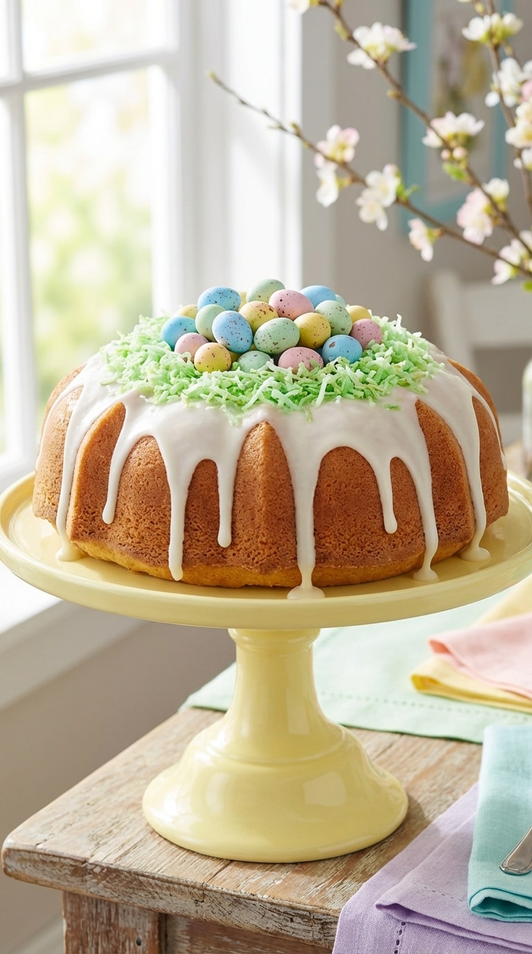 A whole glazed bundt cake with the center filled with green coconut grass and pastel chocolate Easter eggs on a yellow cake stand.