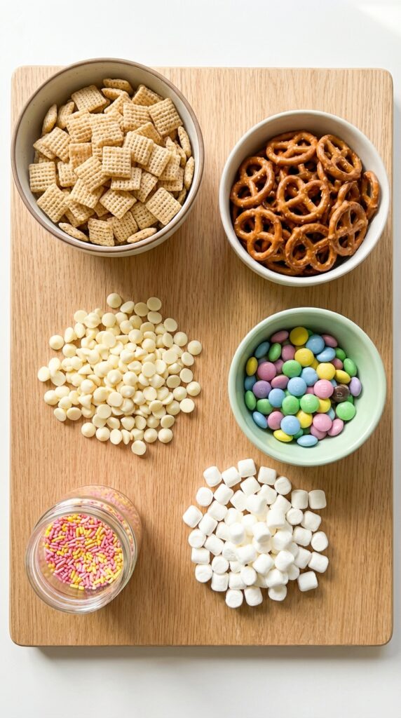 A flat lay showing plain Chex cereal, mini pretzels, white chocolate chips, pastel M&Ms, marshmallows, and sprinkles on a wooden board.