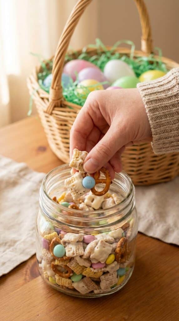 A hand reaching into a glass jar to grab a handful of Easter Chex mix with a blurred Easter basket in the background.