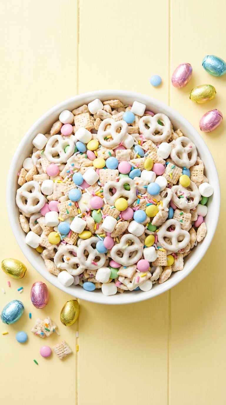 A white bowl filled with white chocolate coated Chex cereal, pretzels, pastel M&Ms, marshmallows, and sprinkles on a yellow table.