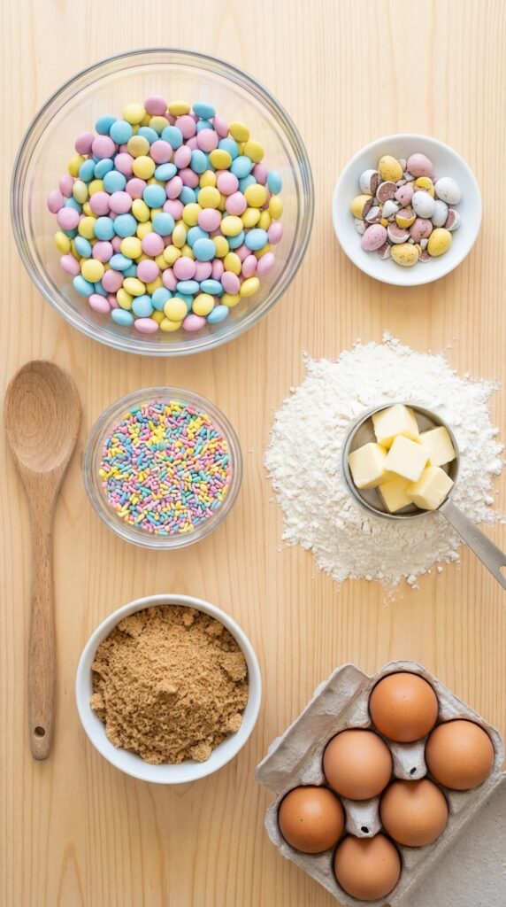 An overhead flat lay showing pastel chocolate candies, sprinkles, crushed candy eggs, flour, butter, and eggs on a light wooden board.