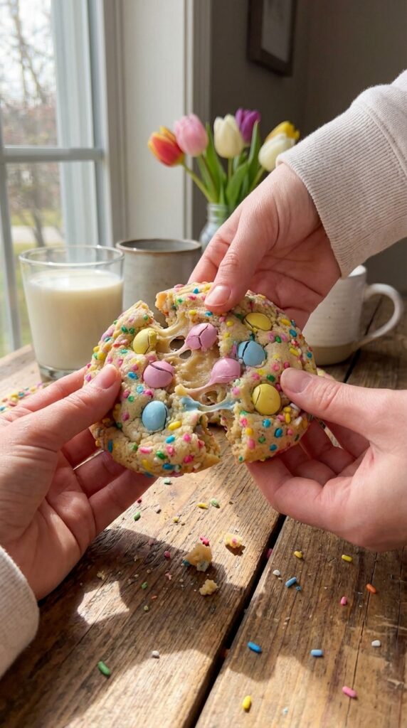 A close-up of two hands breaking a thick Easter cookie in half, showing a soft, gooey center with melted pastel candies.