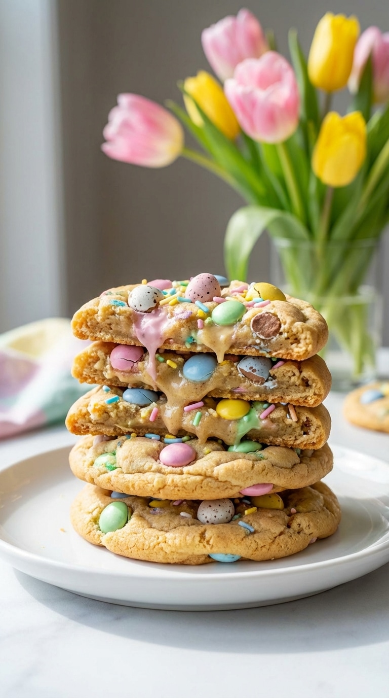A stack of thick, soft-baked cookies loaded with pastel Easter candies and sprinkles on a white plate with tulips in the background.