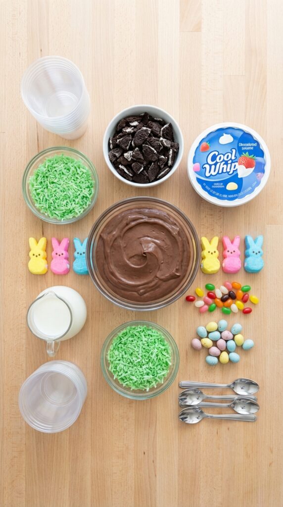 An overhead view of ingredients for Easter Dirt Cups: cookies, pudding, Cool Whip, green coconut, Peeps, and candy on a wooden counter.
