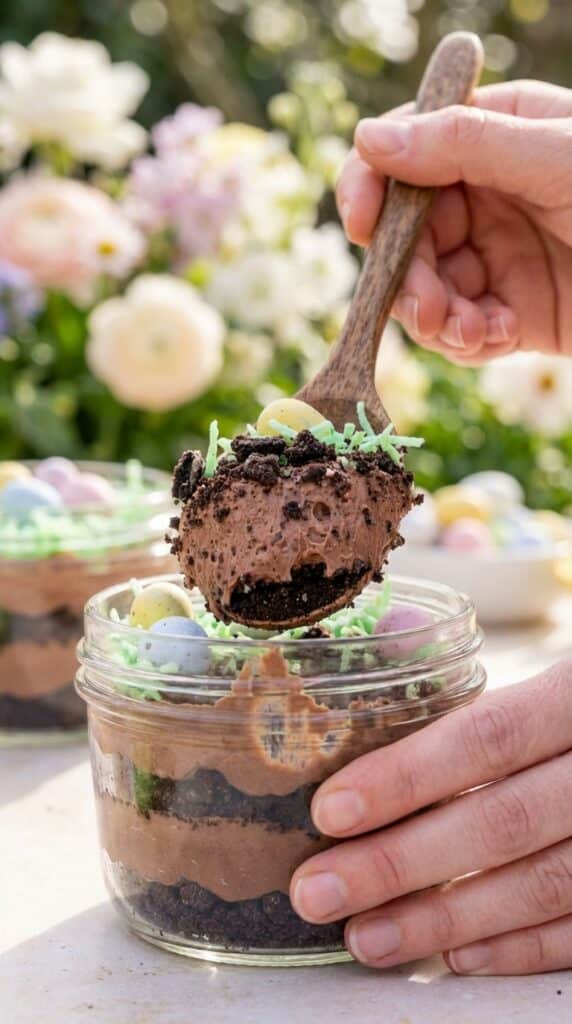 A close-up shot of a hand using a wooden spoon to scoop a layered Easter Dirt Cup dessert topped with Peeps and candy.